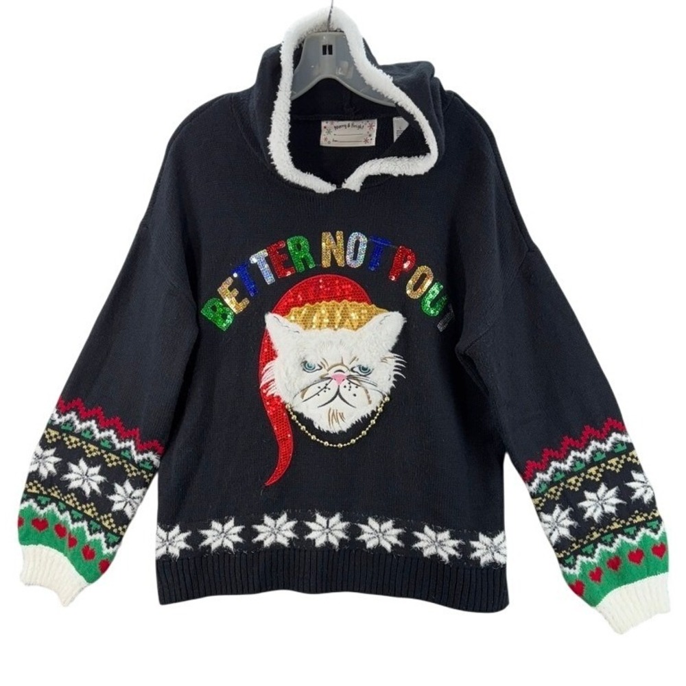 Merry & Bright Christmas Sweater Women L Black Better Not Pout Grumpy Cat Hooded